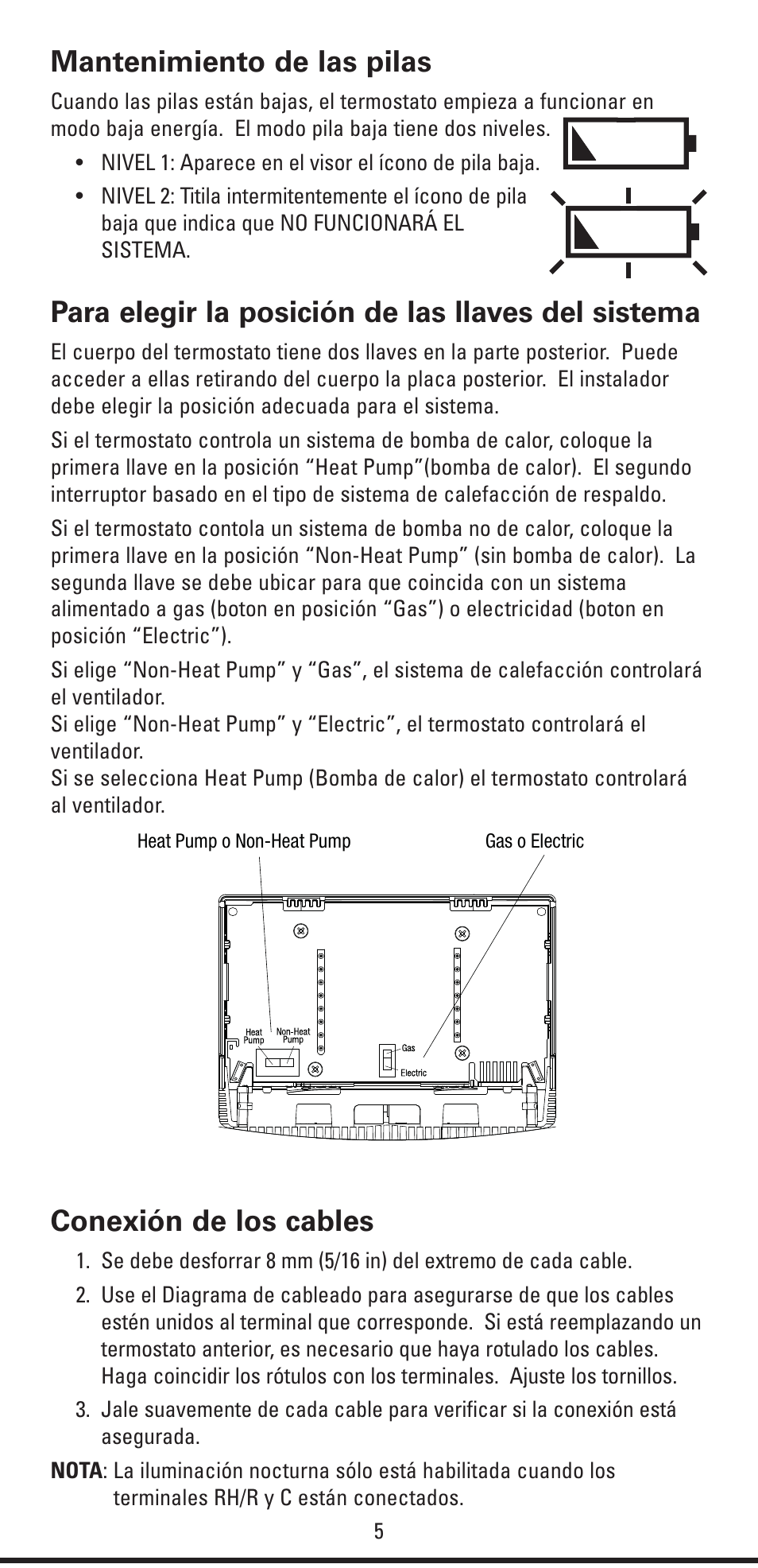 Mantenimiento de las pilas, Para elegir la posición de las llaves del sistema, Conexión de los cables | Robertshaw RS6320 User Manual | Page 21 / 32