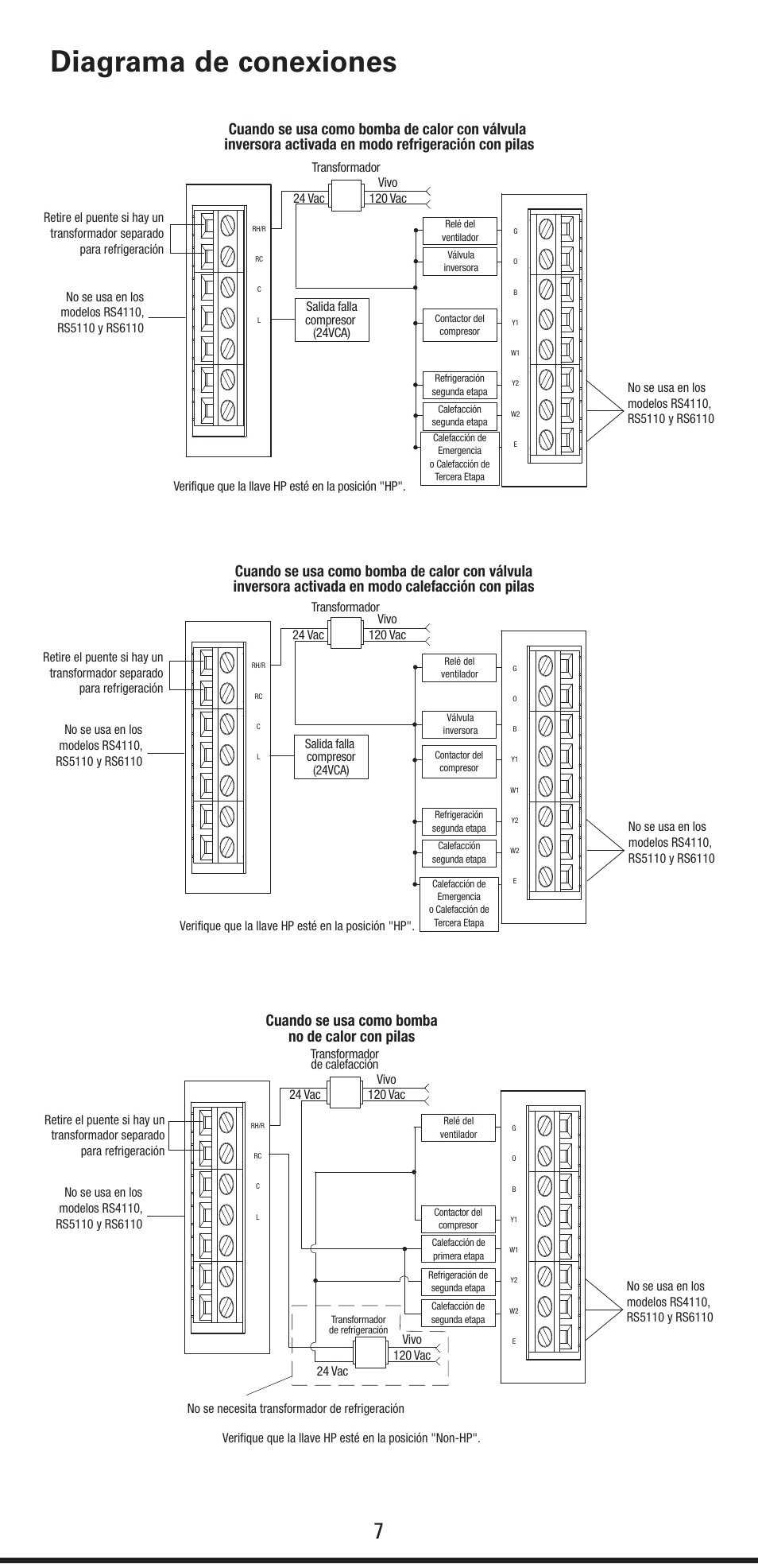 Diagrama de conexiones, Cuando se usa como bomba no de calor con pilas | Robertshaw RS6320 User Manual | Page 23 / 32
