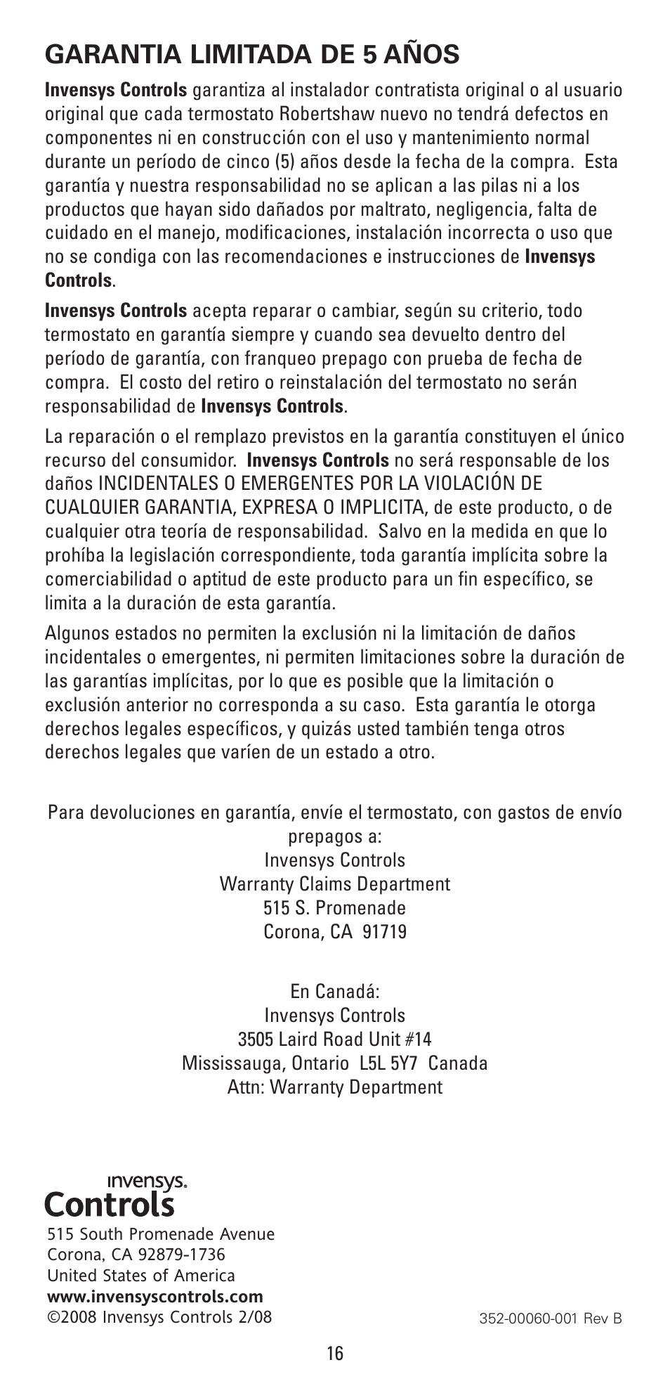 Garantia limitada de 5 años | Robertshaw RS6320 User Manual | Page 32 / 32