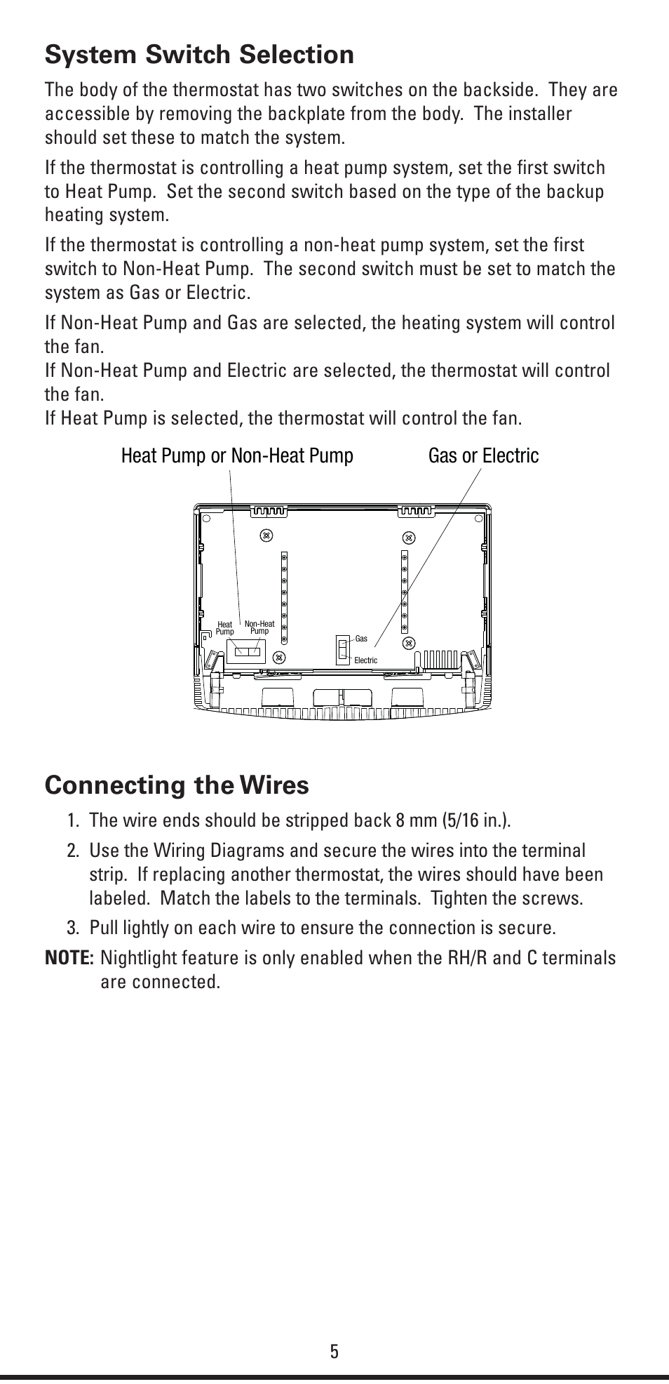 System switch selection, Connecting the wires, Heat pump or non-heat pump gas or electric | Robertshaw RS6320 User Manual | Page 5 / 32