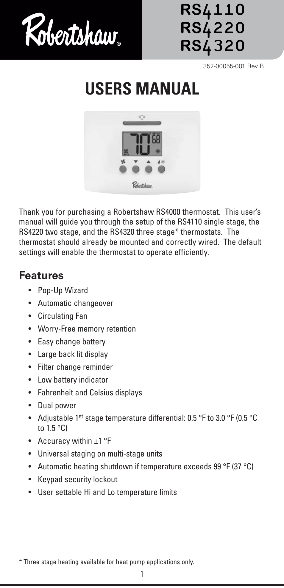 Robertshaw RS4320 USERS MANUAL User Manual | 24 pages