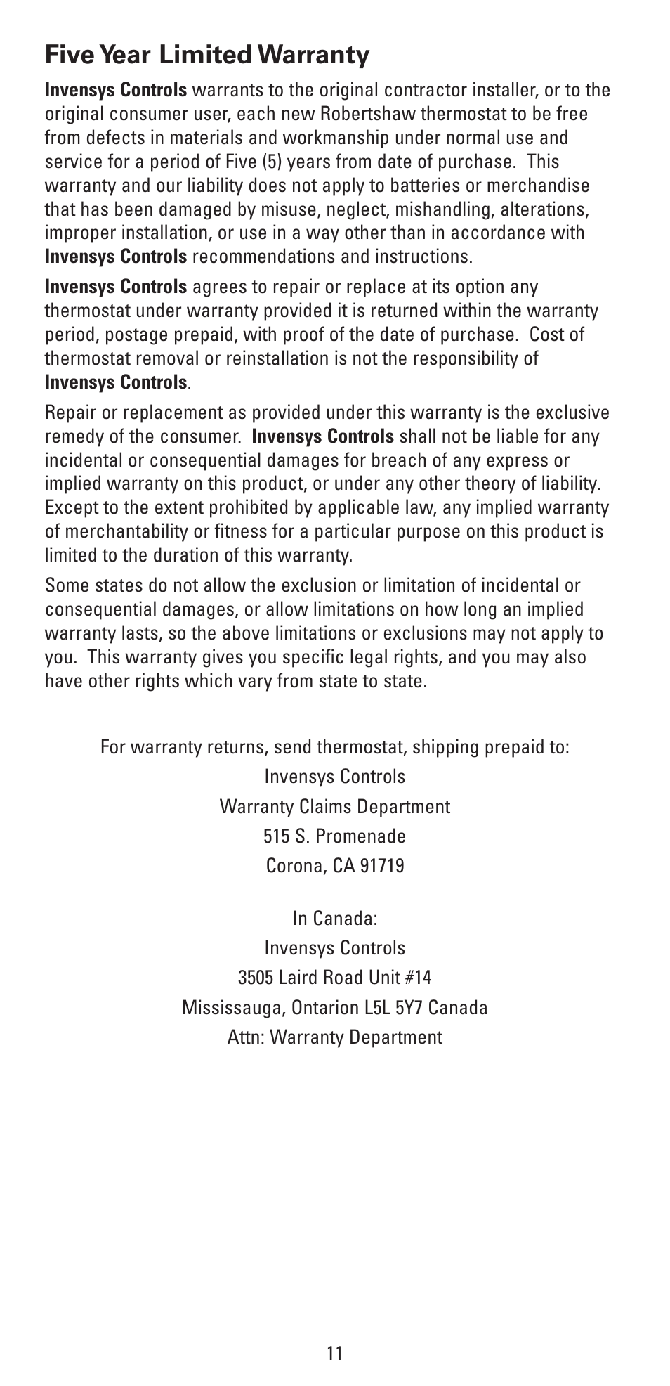 Five year limited warranty | Robertshaw RS4320 USERS MANUAL User Manual | Page 11 / 24