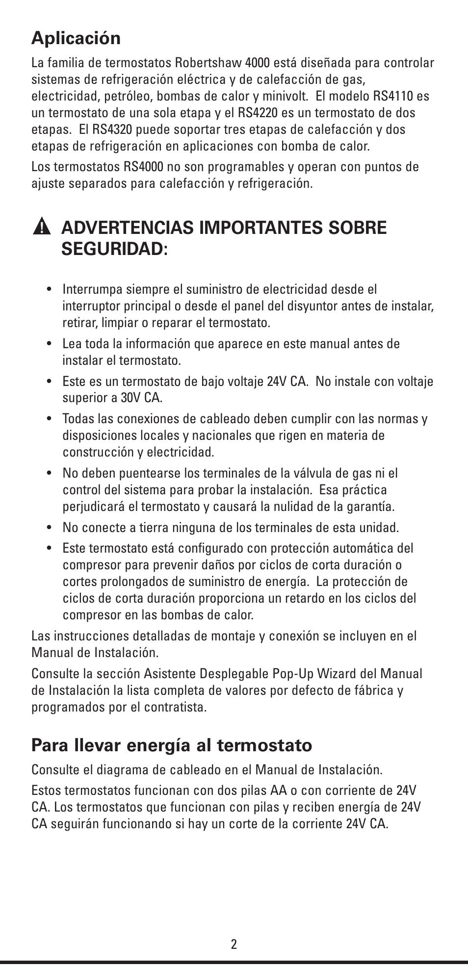 Aplicación, Advertencias importantes sobre seguridad, Para llevar energía al termostato | Robertshaw RS4320 USERS MANUAL User Manual | Page 14 / 24