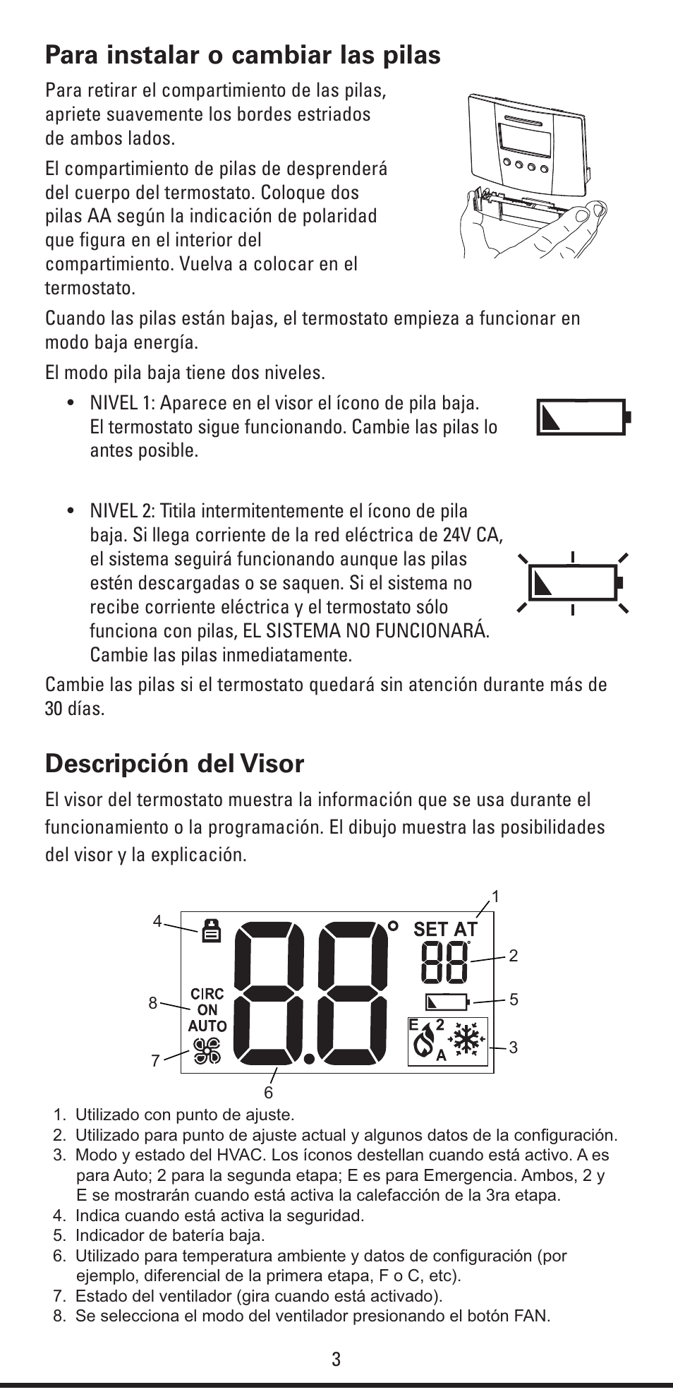 Para instalar o cambiar las pilas, Descripción del visor | Robertshaw RS4320 USERS MANUAL User Manual | Page 15 / 24