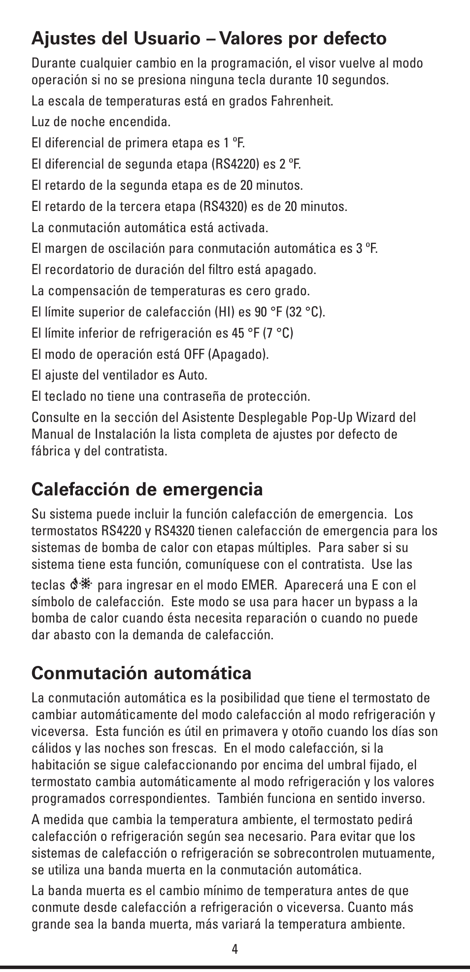 Ajustes del usuario – valores por defecto, Calefacción de emergencia, Conmutación automática | Robertshaw RS4320 USERS MANUAL User Manual | Page 16 / 24