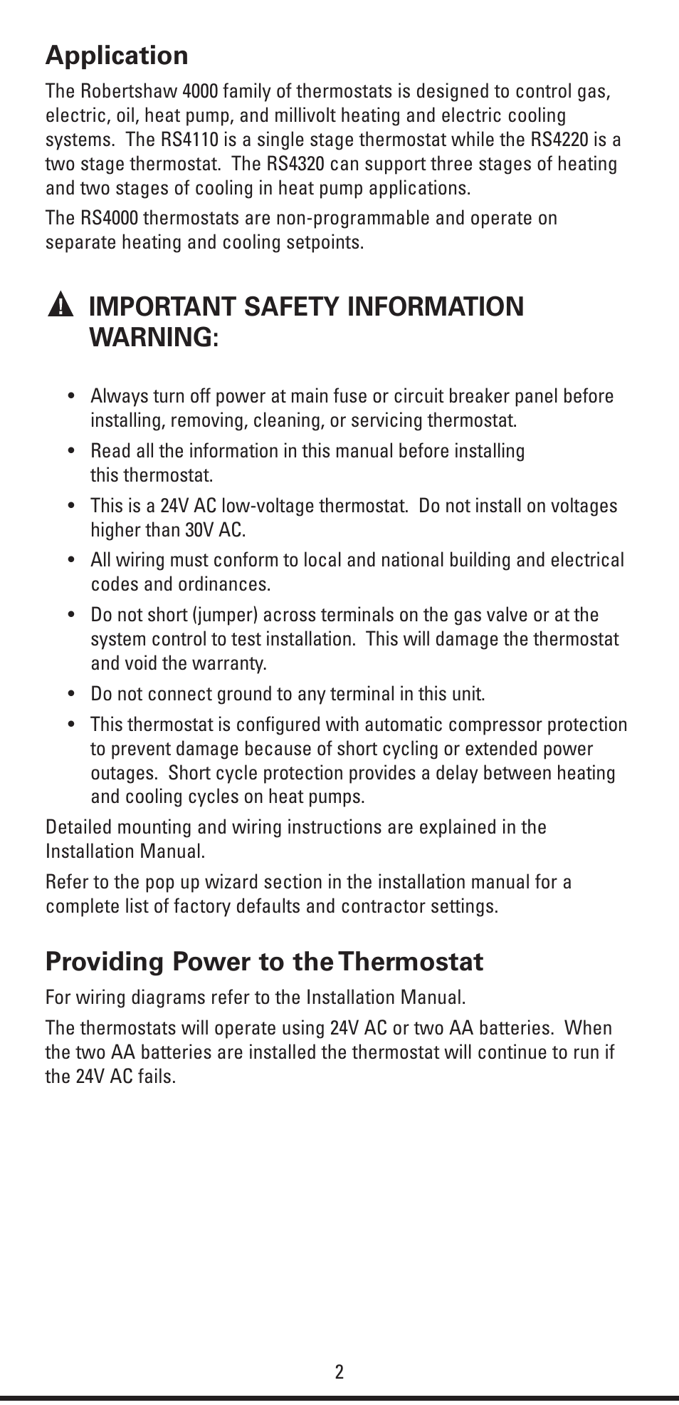 Application, Important safety information warning, Providing power to the thermostat | Robertshaw RS4320 USERS MANUAL User Manual | Page 2 / 24