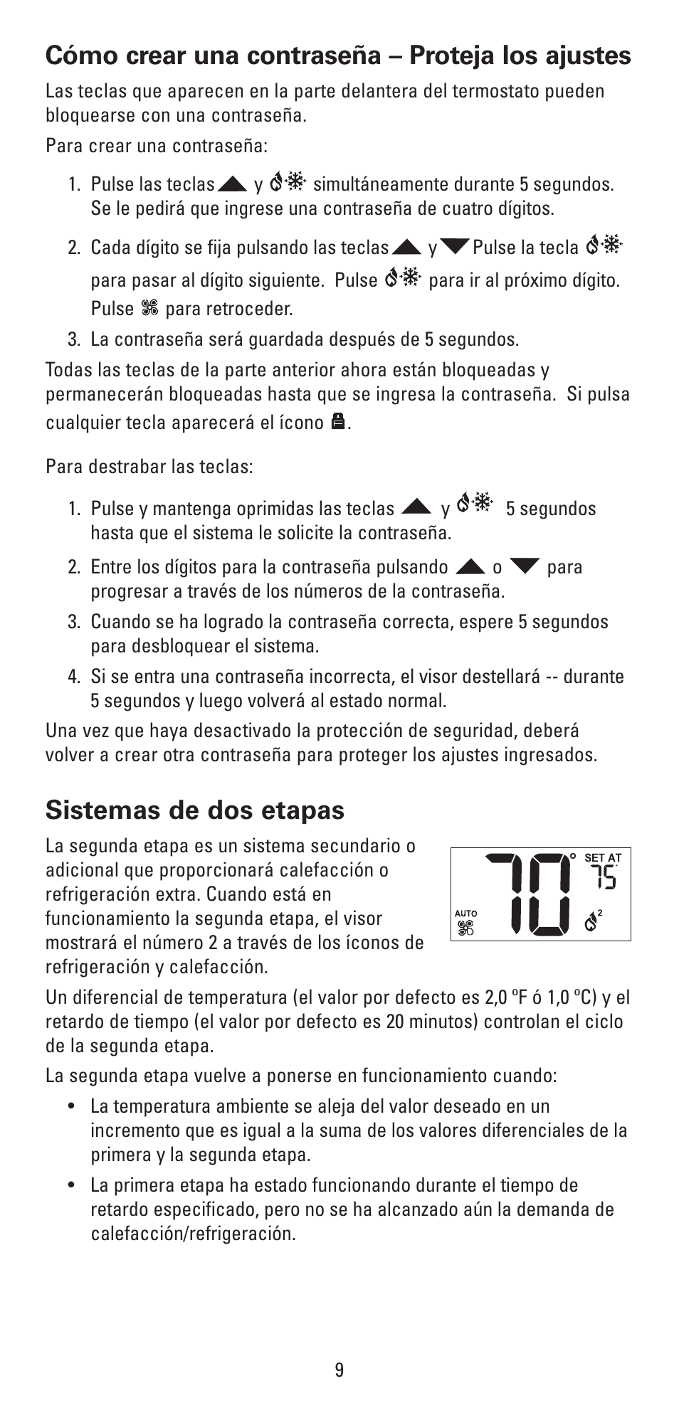 Cómo crear una contraseña – proteja los ajustes, Sistemas de dos etapas | Robertshaw RS4320 USERS MANUAL User Manual | Page 21 / 24