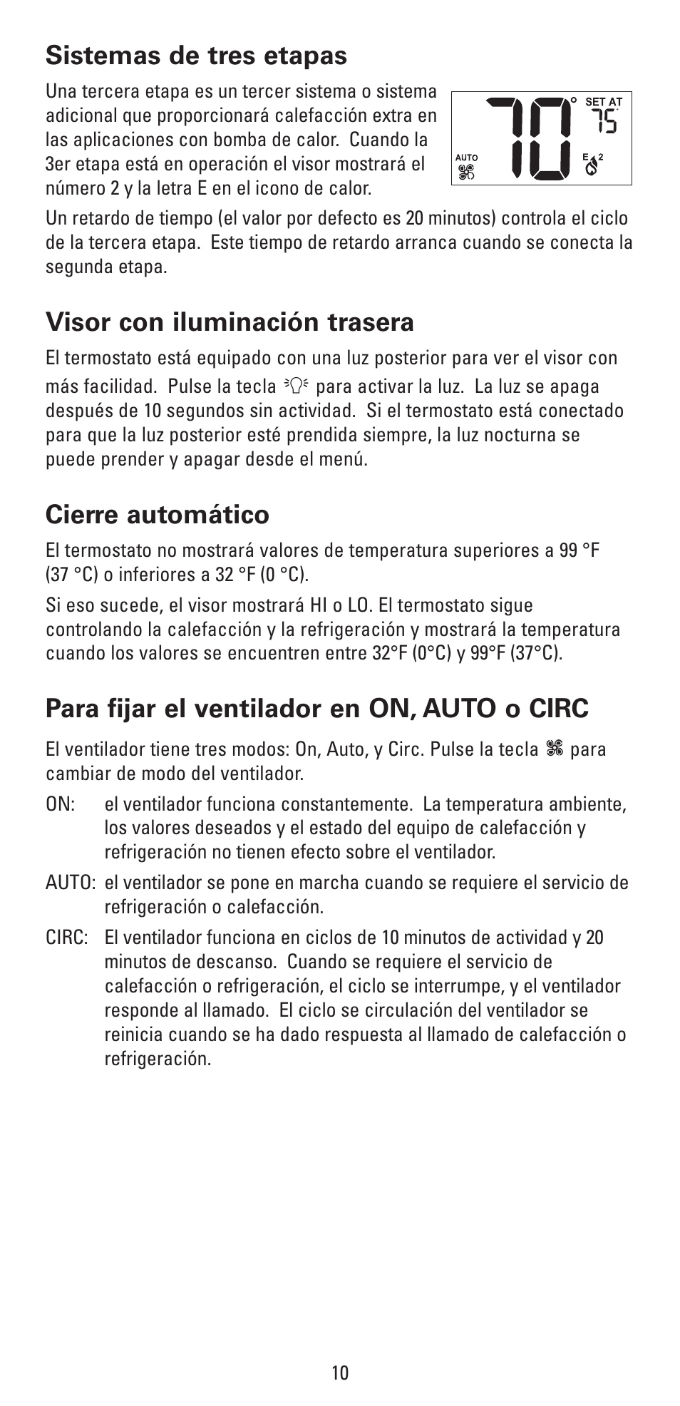 Sistemas de tres etapas, Visor con iluminación trasera, Cierre automático | Para fijar el ventilador en on, auto o circ | Robertshaw RS4320 USERS MANUAL User Manual | Page 22 / 24