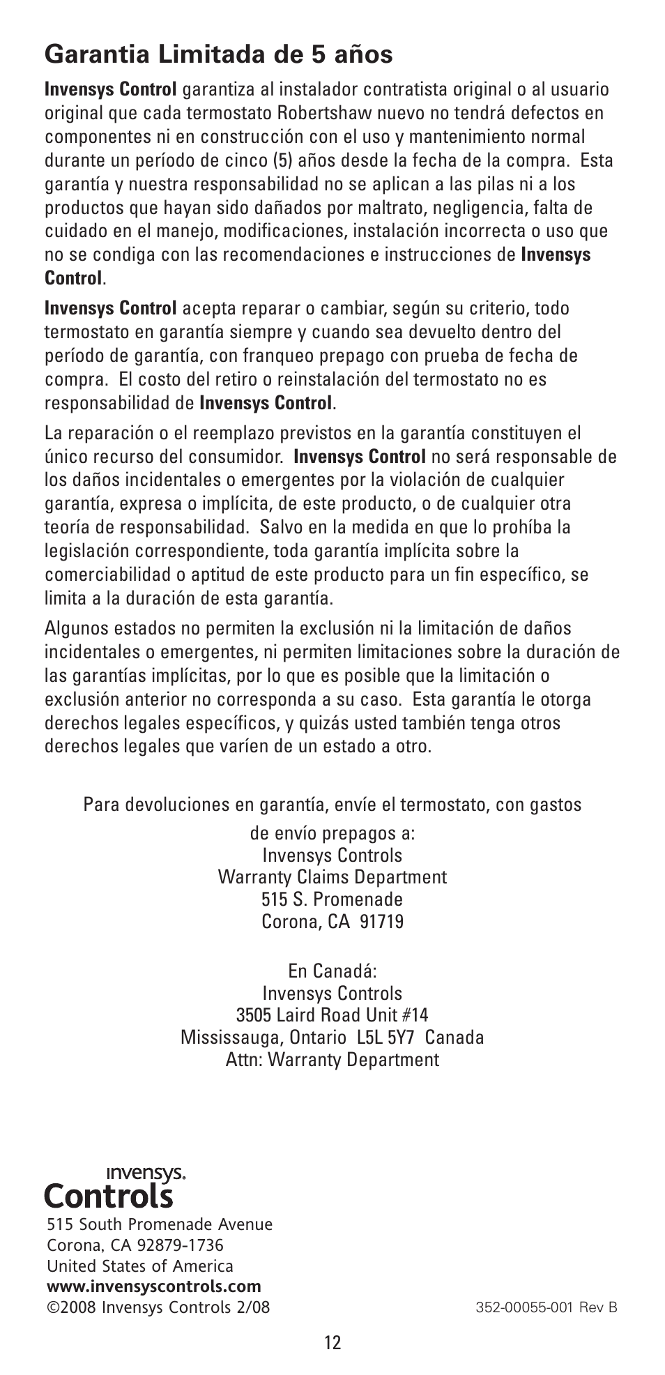 Garantia limitada de 5 años | Robertshaw RS4320 USERS MANUAL User Manual | Page 24 / 24