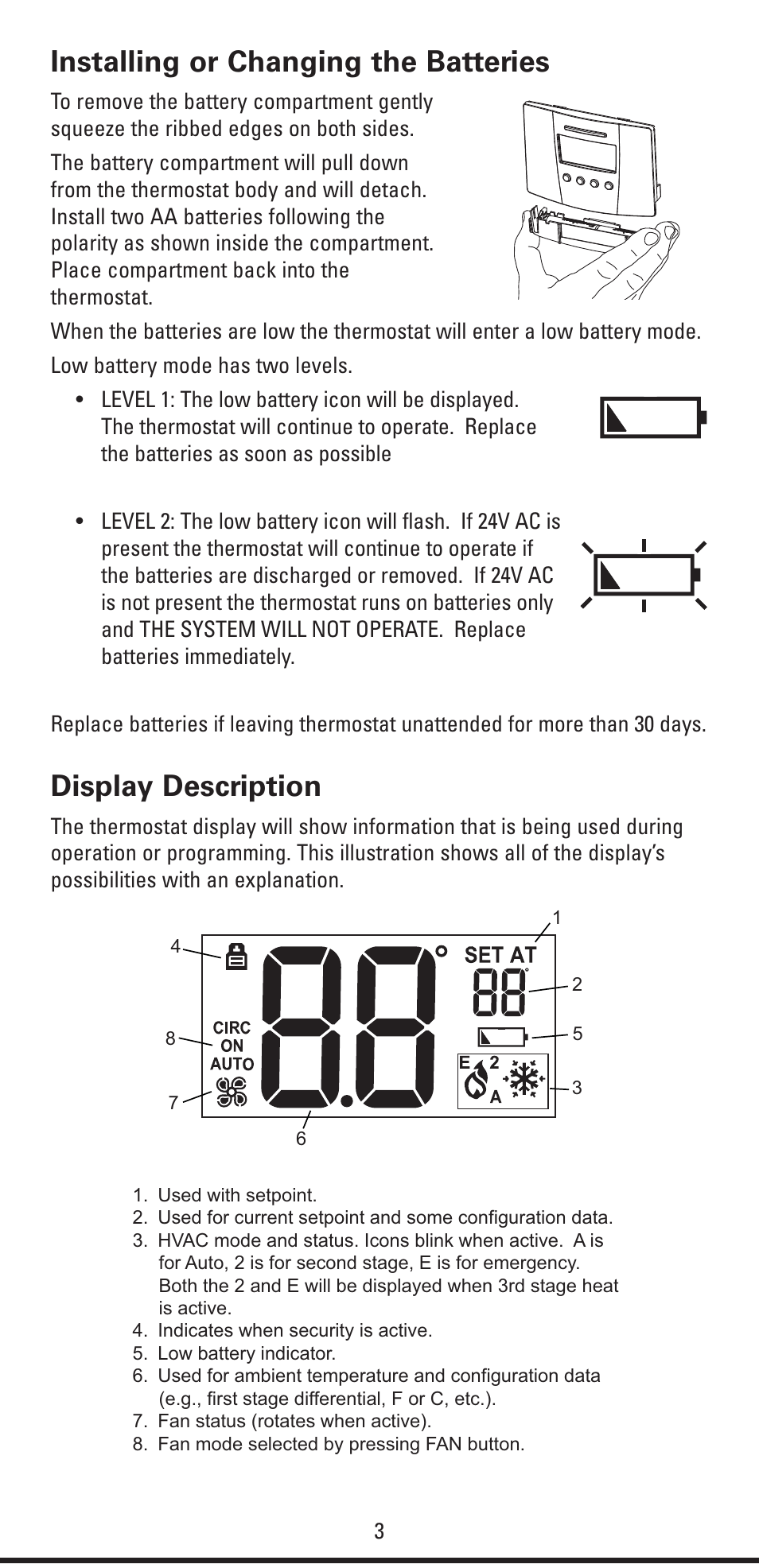 Installing or changing the batteries, Display description | Robertshaw RS4320 USERS MANUAL User Manual | Page 3 / 24