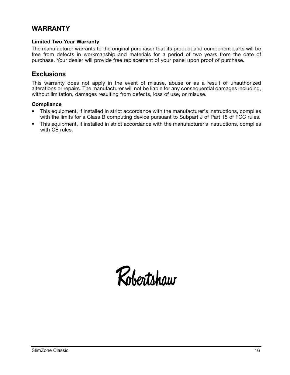 Warranty, Exclusions | Robertshaw SlimZone CLASSIC ZONE CONTROL SYSTEM User Manual | Page 18 / 19