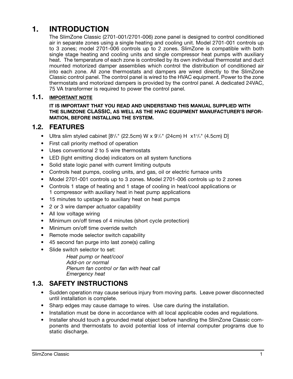 Introduction, Features, Safety instructions | Robertshaw SlimZone CLASSIC ZONE CONTROL SYSTEM User Manual | Page 3 / 19