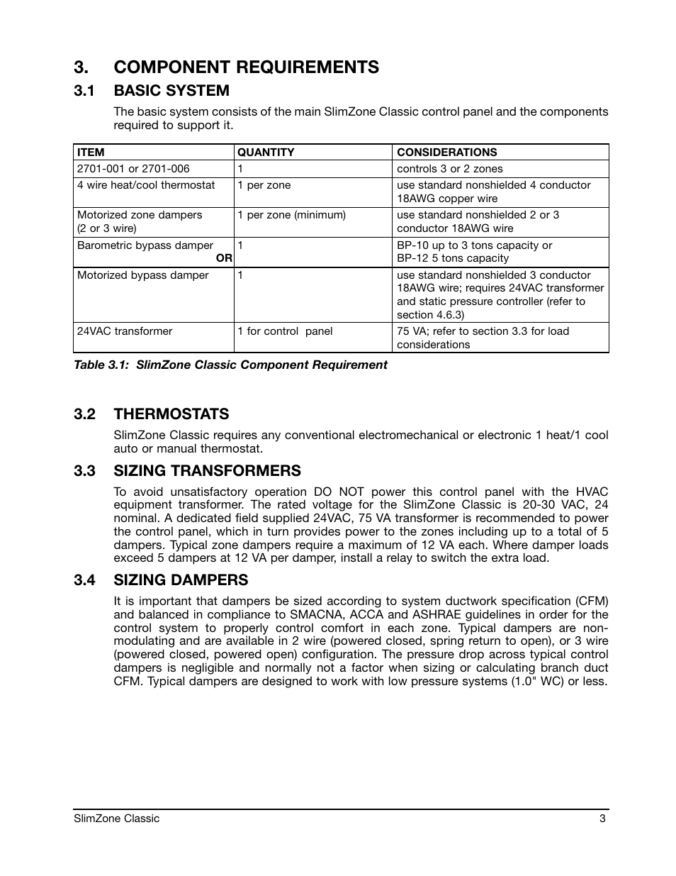 Component requirements, 1 basic system, 2 thermostats | 3 sizing transformers, 4 sizing dampers | Robertshaw SlimZone CLASSIC ZONE CONTROL SYSTEM User Manual | Page 5 / 19