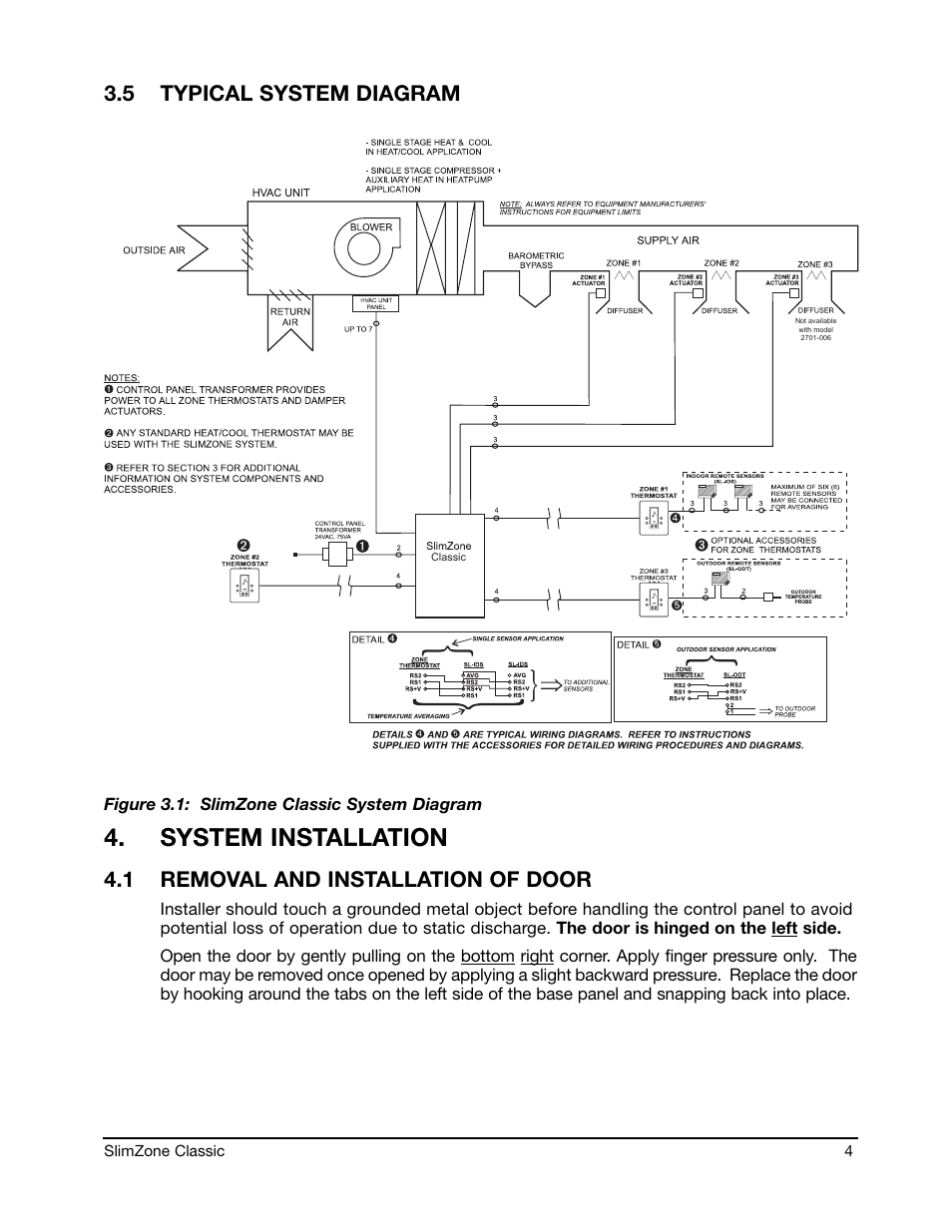 System installation, 5 typical system diagram, 1 removal and installation of door | Robertshaw SlimZone CLASSIC ZONE CONTROL SYSTEM User Manual | Page 6 / 19