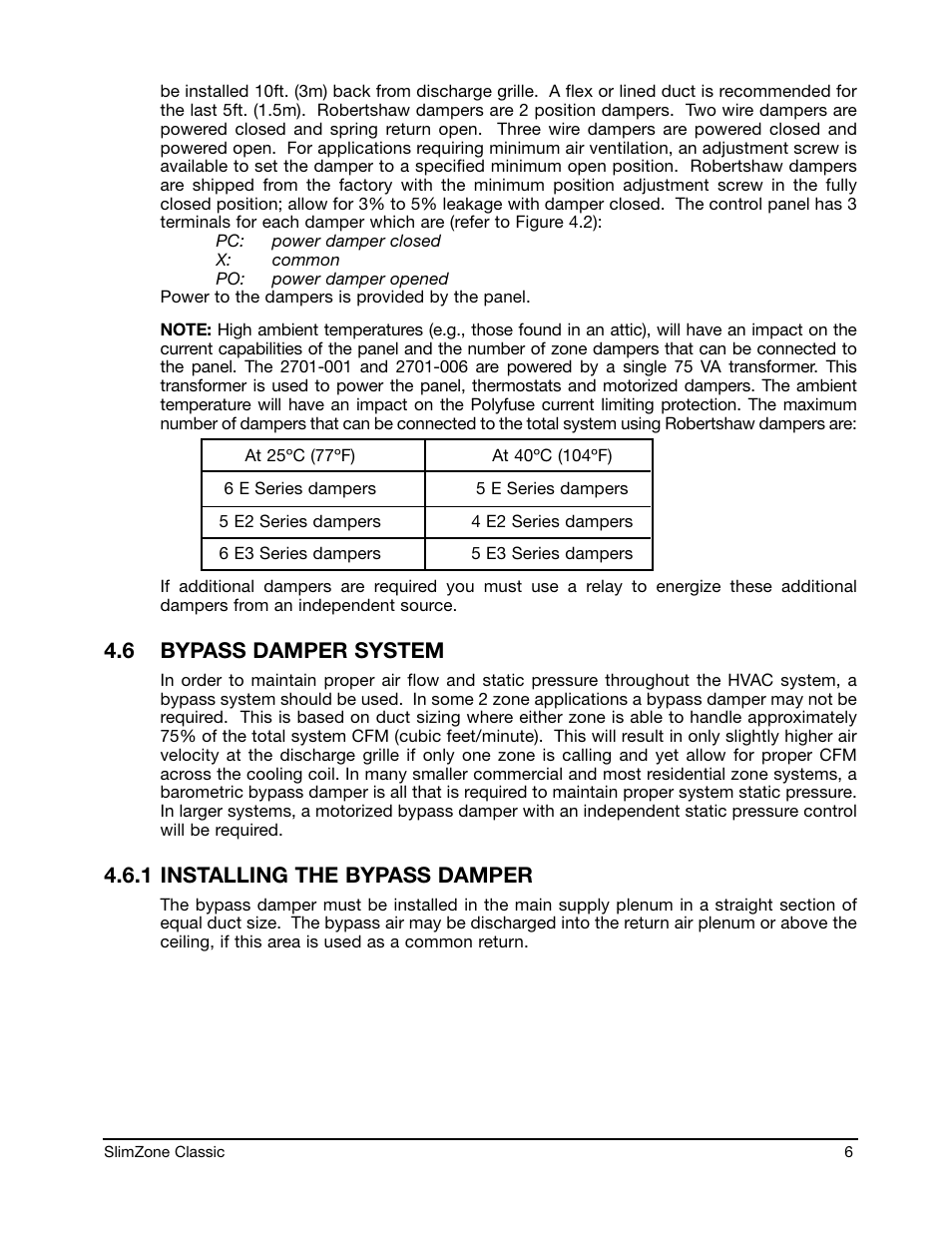 6 bypass damper system, 1 installing the bypass damper | Robertshaw SlimZone CLASSIC ZONE CONTROL SYSTEM User Manual | Page 8 / 19