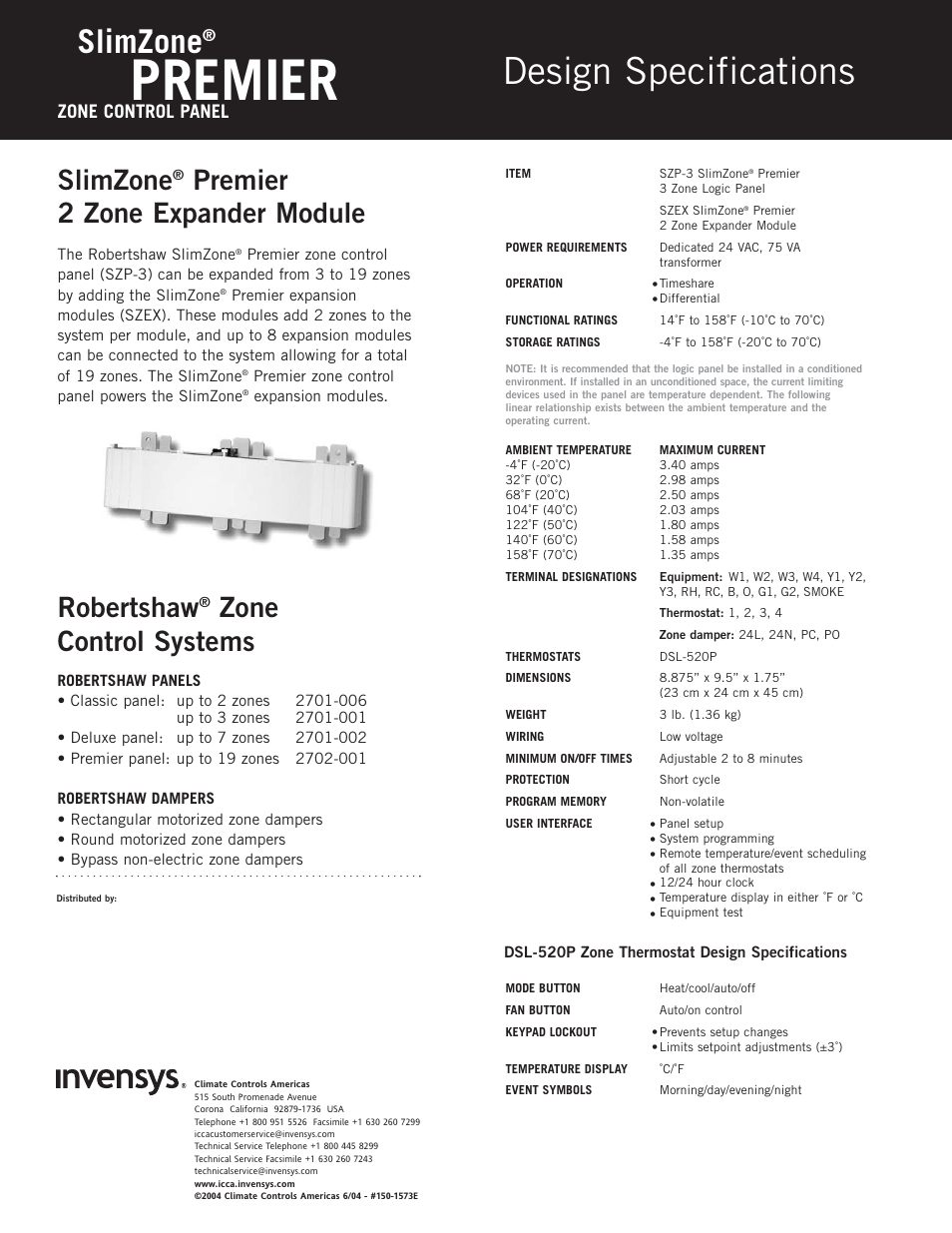 Premier, Design specifications, Slimzone | Robertshaw, Zone control systems, Premier 2 zone expander module, Zone control panel | Robertshaw SlimZone PREMIER ZONE CONTROL PANEL User Manual | Page 2 / 2