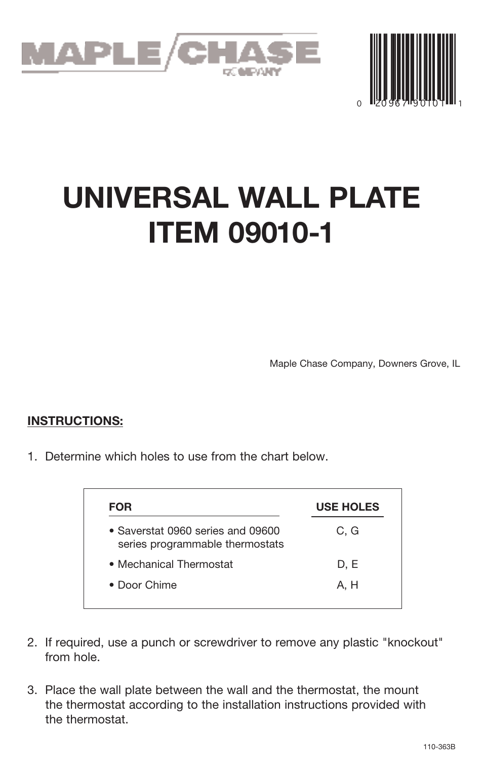 Robertshaw WALL PLATE 09010-1 User Manual | 1 page