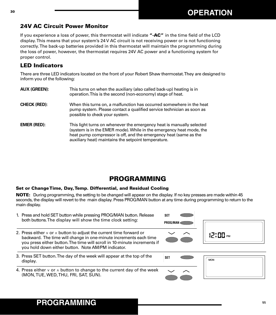 Operation, Programming, 24v ac circuit power monitor | Led indicators | Robertshaw 9720 User Manual | Page 11 / 40
