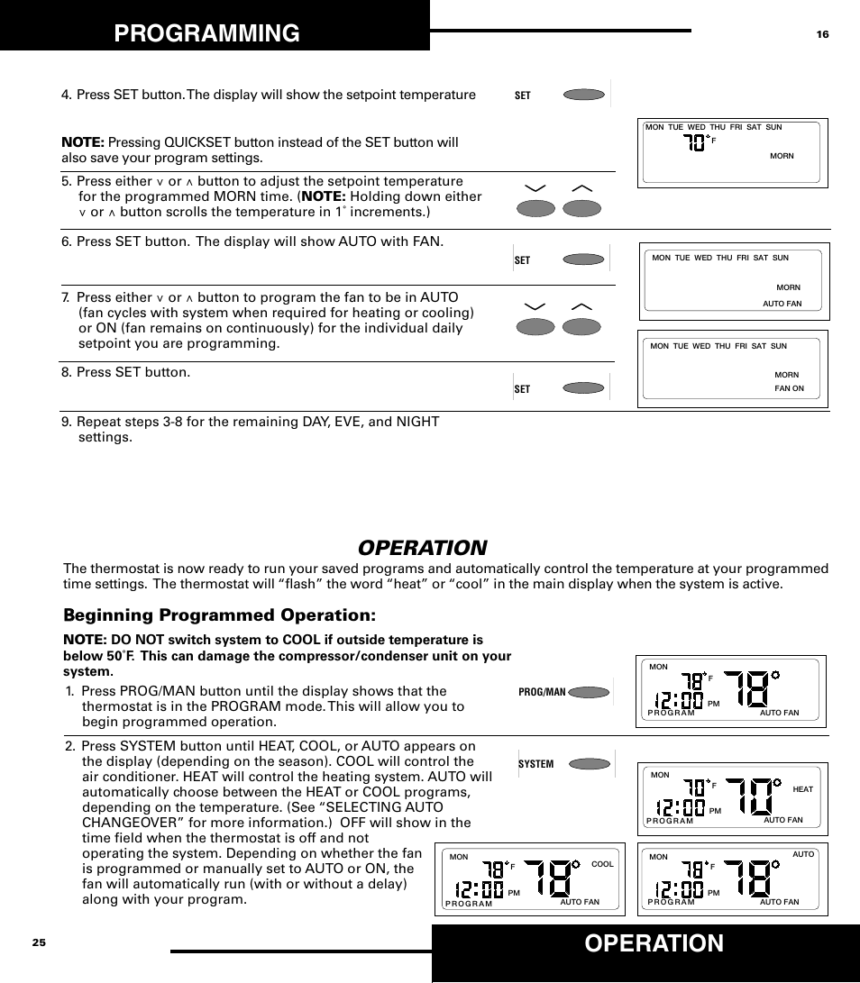 Programming, Operation, Bbeginning programmed operation | Robertshaw 9720 User Manual | Page 16 / 40