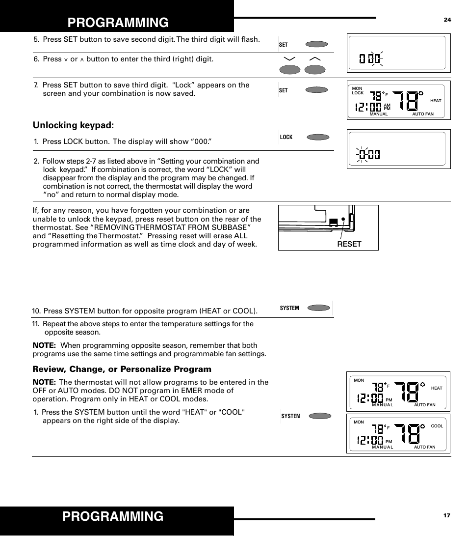 Programming, Unlocking keypad, Review, change, or personalize program | Reset | Robertshaw 9720 User Manual | Page 17 / 40
