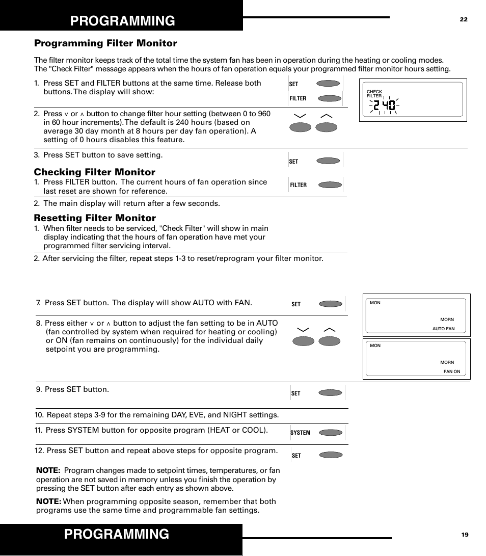 Programming, Checking filter monitor, Resetting filter monitor | Programming filter monitor | Robertshaw 9720 User Manual | Page 22 / 40