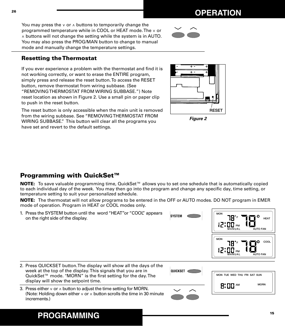 Programming, Operation, Programming with quickset | Resetting the thermostat, Figure 2 | Robertshaw 9720 User Manual | Page 26 / 40