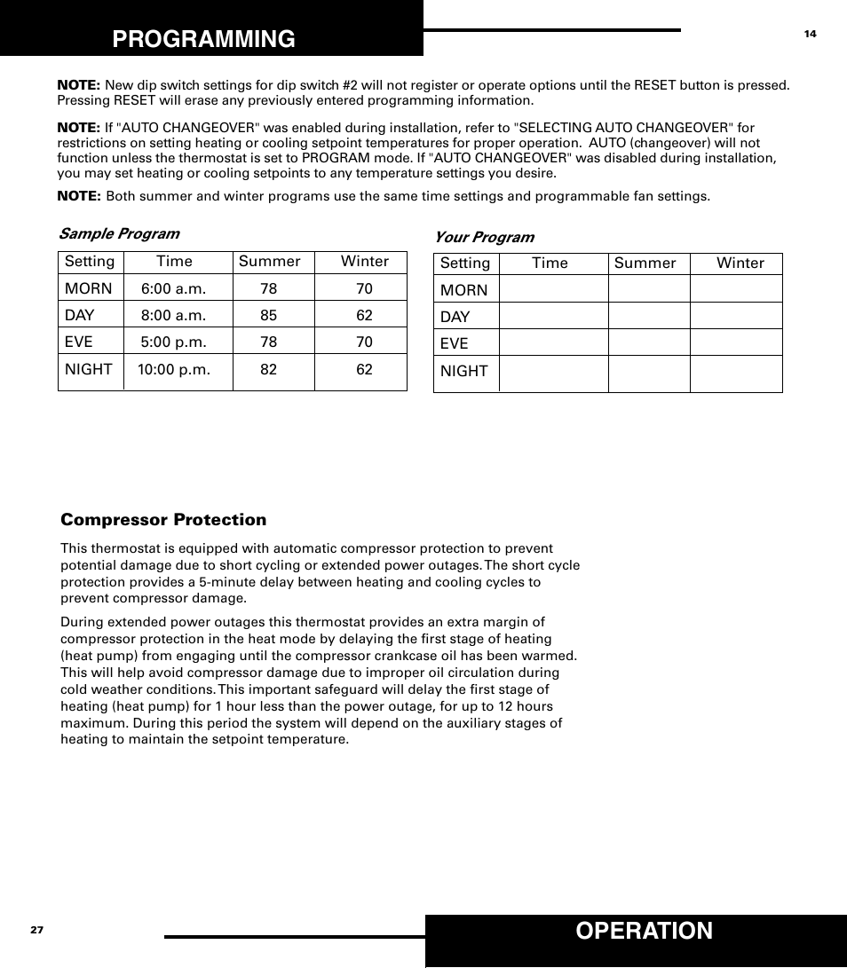 Programming, Operation | Robertshaw 9720 User Manual | Page 27 / 40