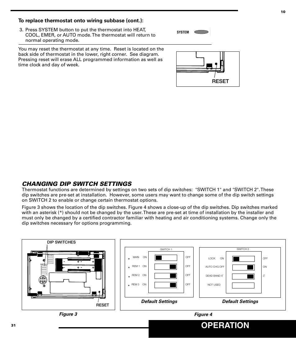 Operation, Changing dip switch settings, Reset | Figure 4, Figure 3 * * * * default settings default settings | Robertshaw 9720 User Manual | Page 31 / 40
