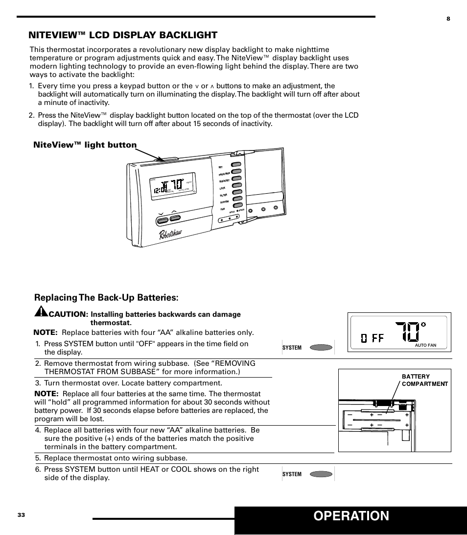 Operation, Niteview™ lcd display backlight, Replacing the back-up batteries | Niteview™ light button | Robertshaw 9720 User Manual | Page 33 / 40