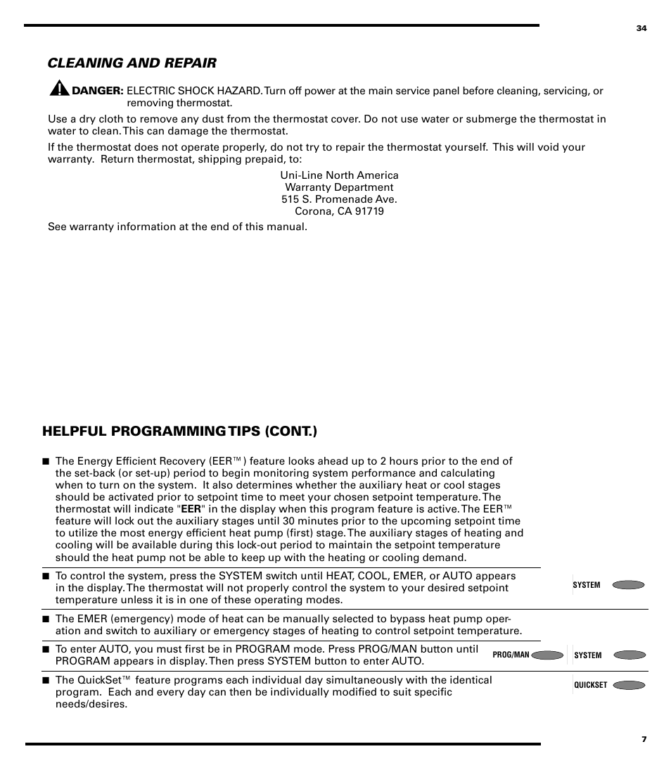 Cleaning and repair, Helpful programming tips (cont.) | Robertshaw 9720 User Manual | Page 34 / 40