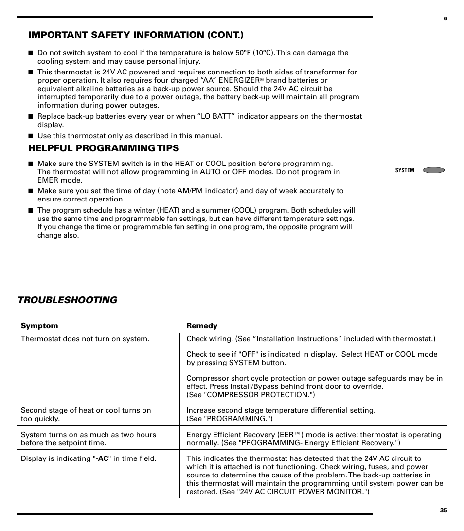 Troubleshooting, Important safety information (cont.), Helpful programming tips | Robertshaw 9720 User Manual | Page 35 / 40