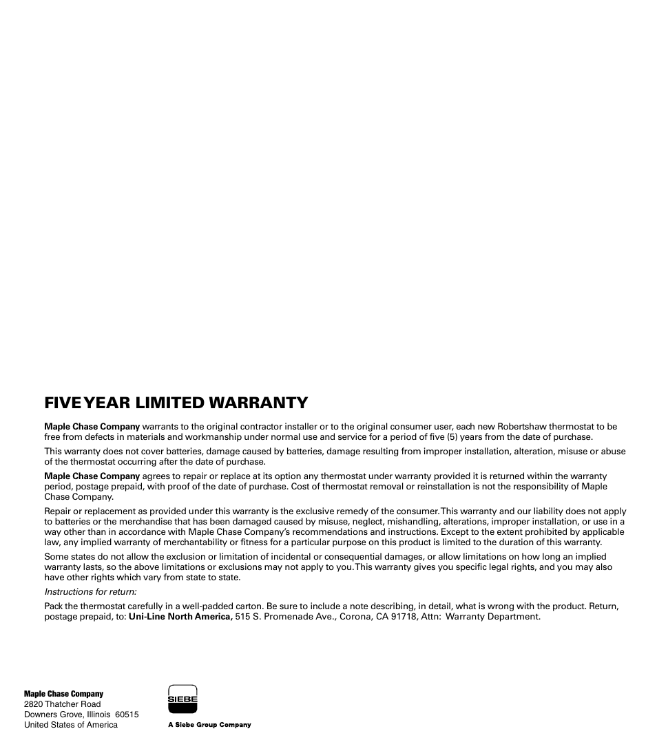 Five year limited warranty | Robertshaw 9720 User Manual | Page 40 / 40