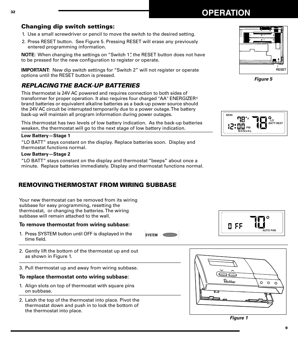 Operation, Replacing the back-up batteries, Removing thermostat from wiring subbase | Changing dip switch settings | Robertshaw 9720 User Manual | Page 9 / 40