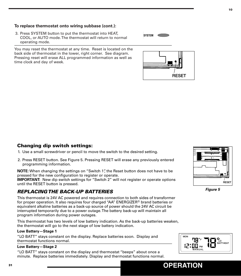 Operation, Changing dip switch settings, Replacing the back-up batteries | Reset | Robertshaw 9710 User Manual | Page 10 / 20