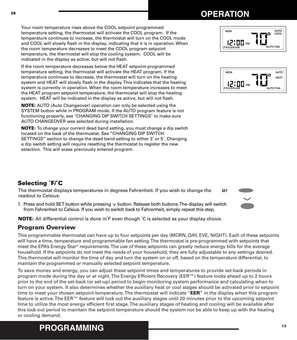 Programming, Operation, Program overview | Selecting ˚f/˚c | Robertshaw 9710 User Manual | Page 13 / 20