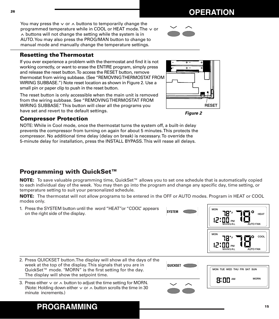 Programming, Operation, Programming with quickset | Resetting the thermostat, Compressor protection, Figure 2 | Robertshaw 9710 User Manual | Page 15 / 20
