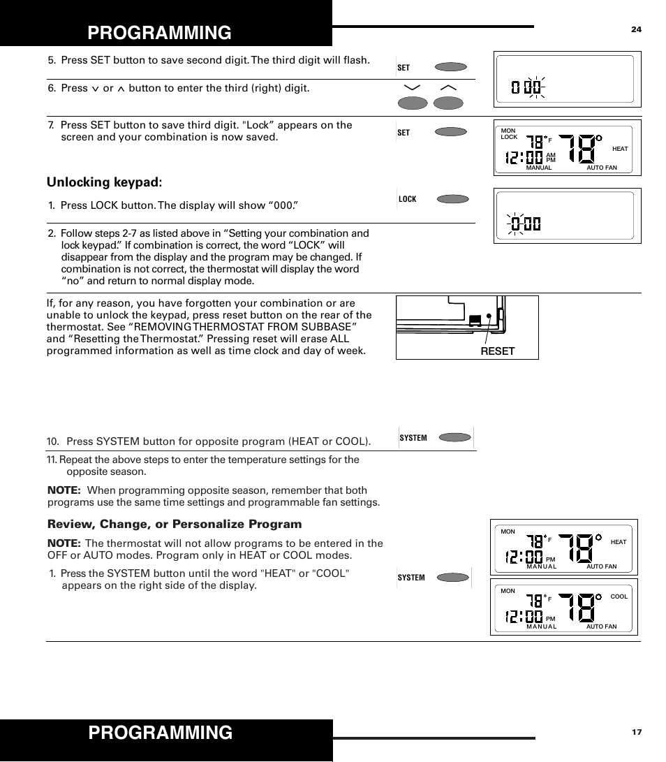 Programming, Unlocking keypad, Review, change, or personalize program | Robertshaw 9710 User Manual | Page 17 / 20