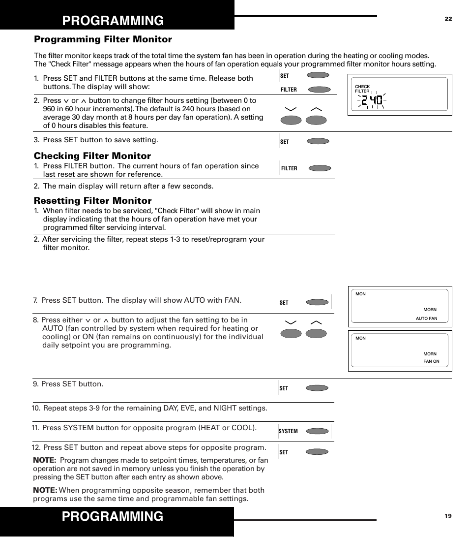 Programming, Checking filter monitor, Resetting filter monitor | Programming filter monitor | Robertshaw 9710 User Manual | Page 19 / 20