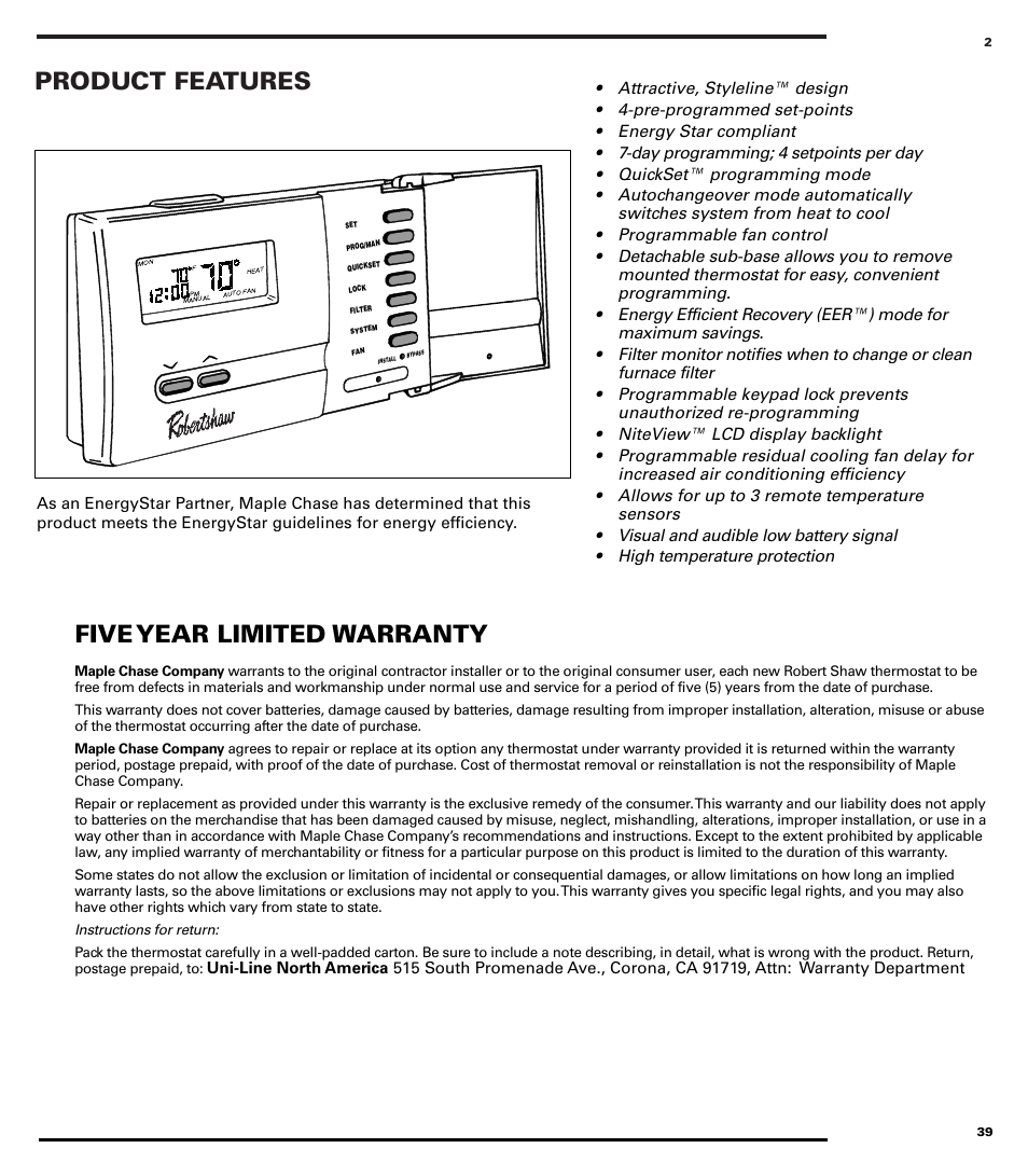 Product features, Five year limited warranty | Robertshaw 9710 User Manual | Page 2 / 20