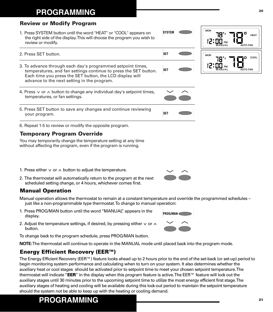 Programming, Review or modify program, Temporary program override | Manual operation, Energy efficient recovery (eer™) | Robertshaw 9710 User Manual | Page 20 / 20