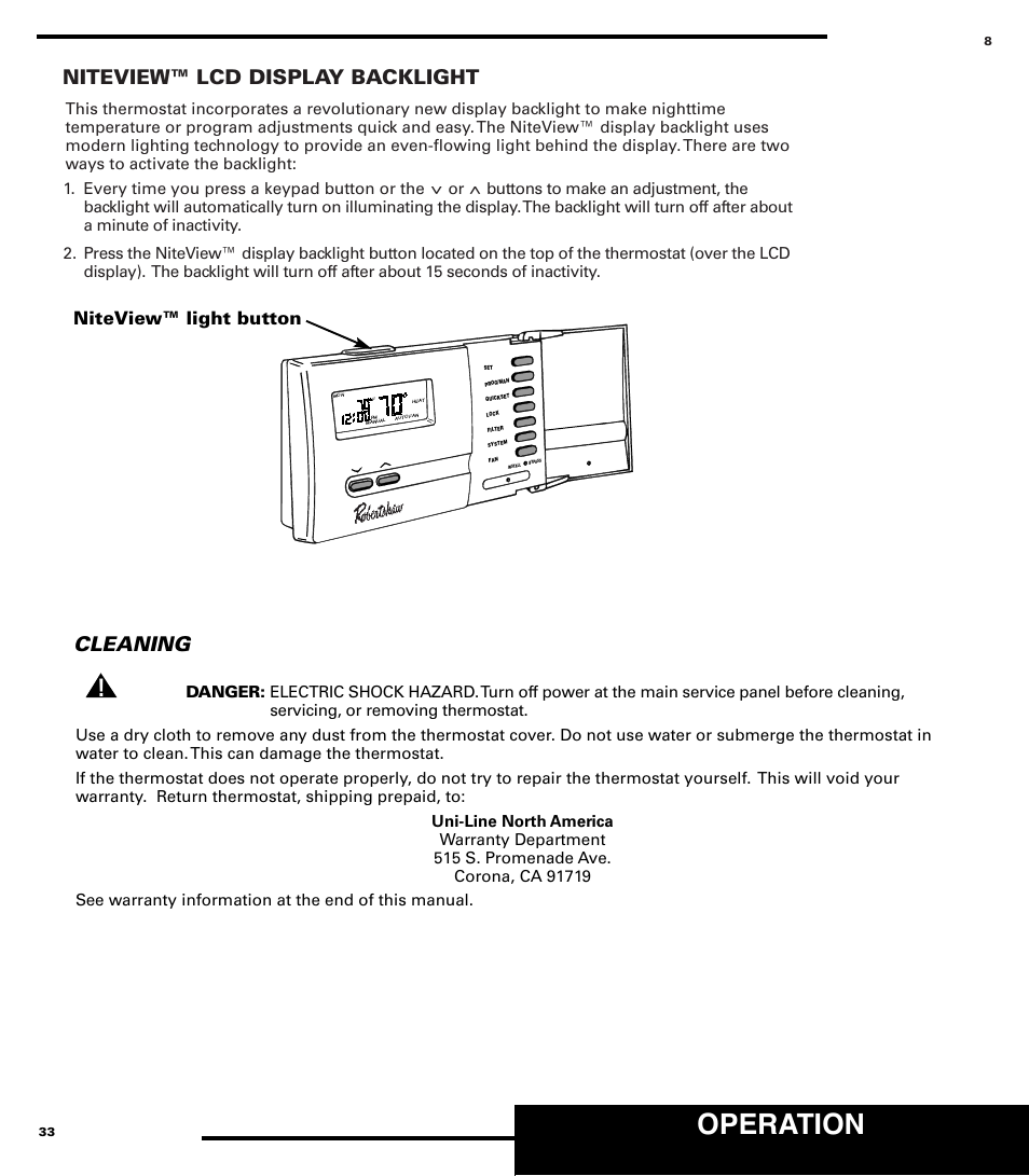 Operation, Niteview™ lcd display backlight, Cleaning | Niteview™ light button | Robertshaw 9710 User Manual | Page 8 / 20