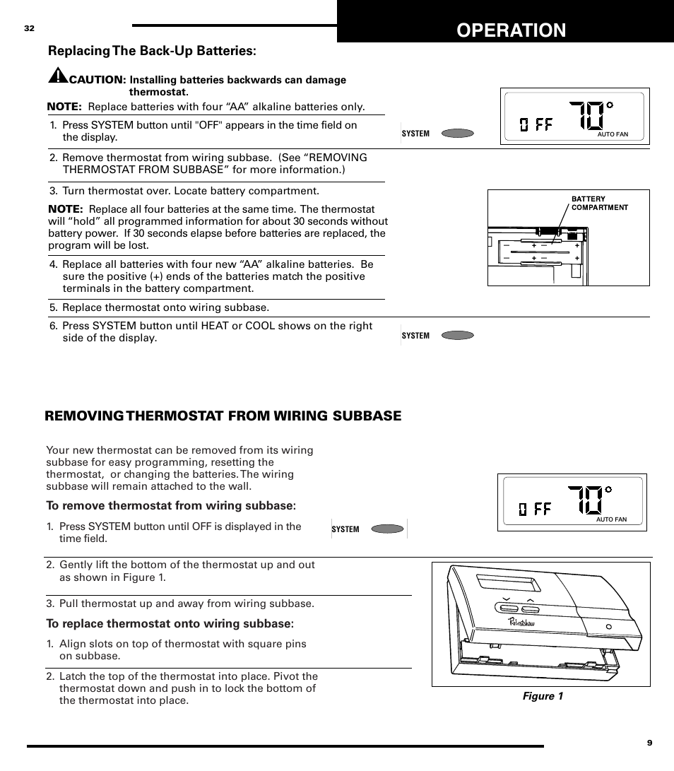 Operation, Removing thermostat from wiring subbase, Replacing the back-up batteries | Robertshaw 9710 User Manual | Page 9 / 20