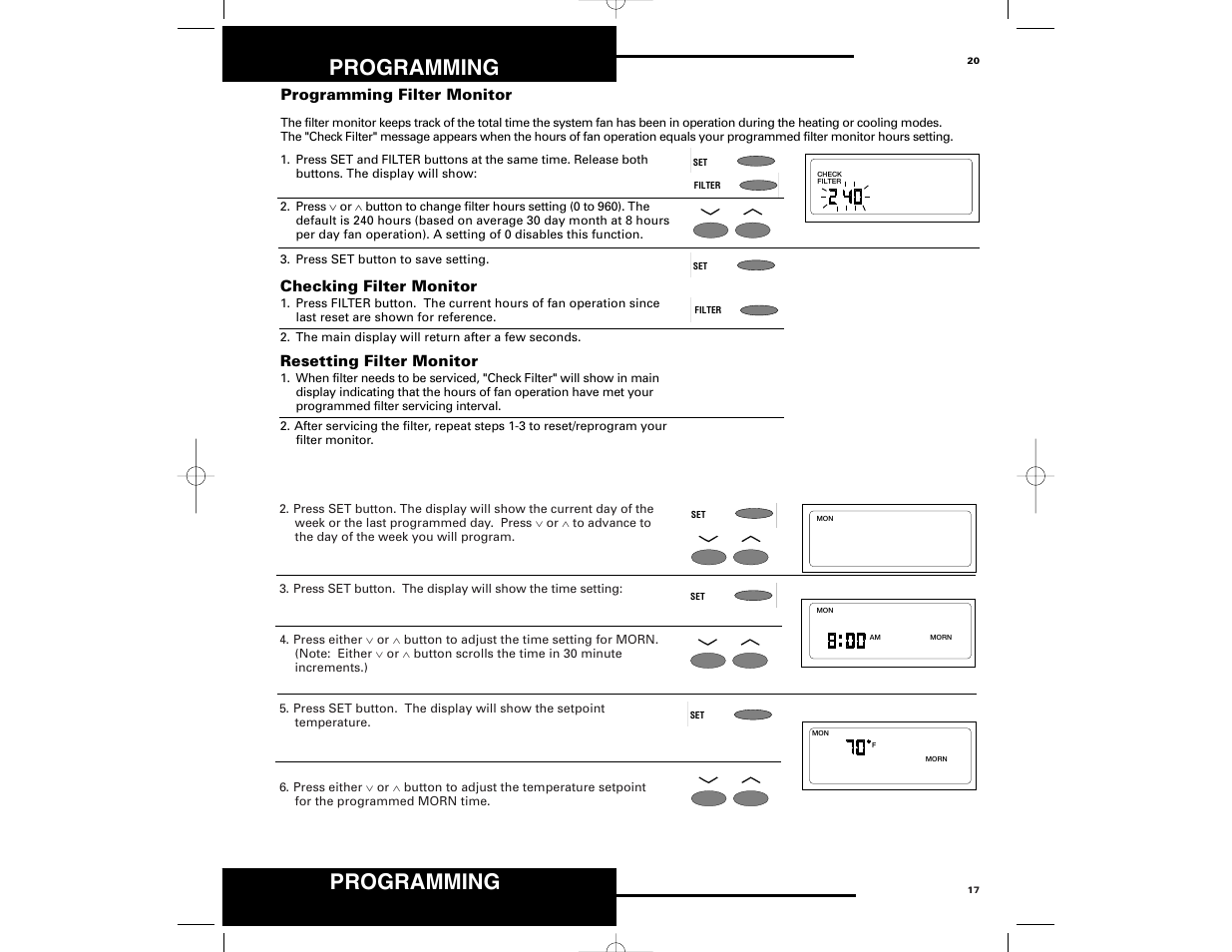 Programming, Checking filter monitor, Resetting filter monitor | Programming filter monitor | Robertshaw 9700 User Manual | Page 17 / 36