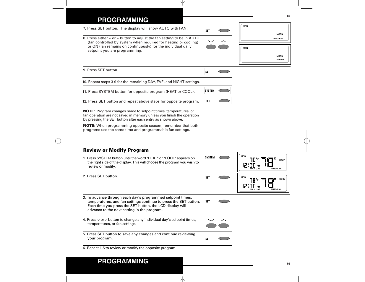 Programming, Review or modify program | Robertshaw 9700 User Manual | Page 19 / 36