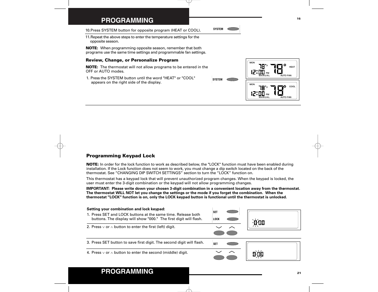 Programming, Programming keypad lock | Robertshaw 9700 User Manual | Page 21 / 36