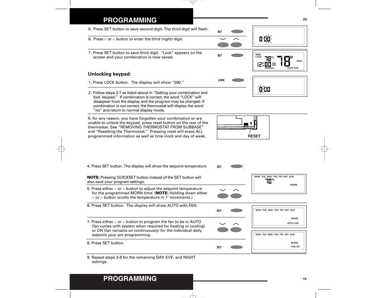 Programming, Unlocking keypad | Robertshaw 9700 User Manual | Page 22 / 36