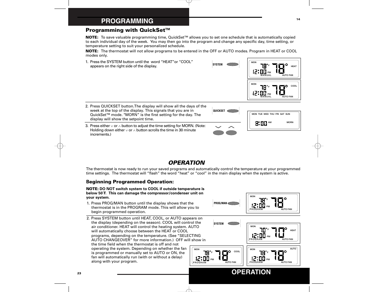 Programming, Operation, Programming with quickset | Beginning programmed operation | Robertshaw 9700 User Manual | Page 23 / 36