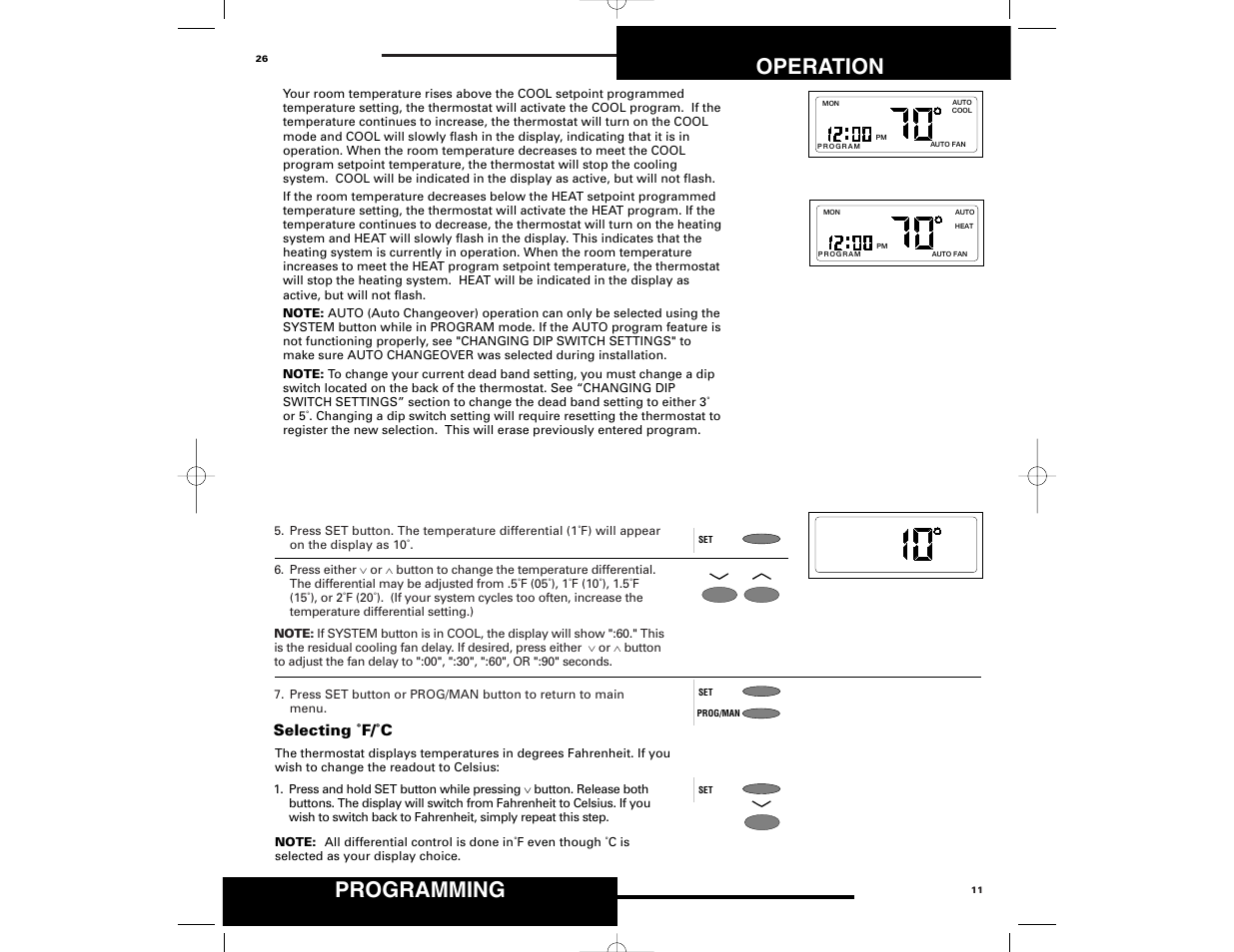 Programming, Operation, Selecting ˚f/˚c | Robertshaw 9700 User Manual | Page 26 / 36