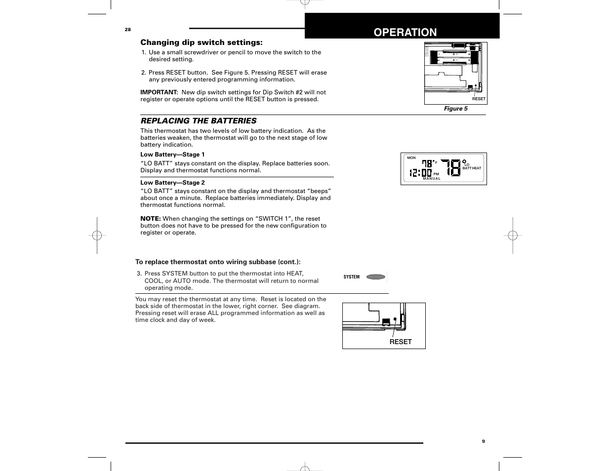 Operation, Changing dip switch settings, Replacing the batteries | Robertshaw 9700 User Manual | Page 28 / 36