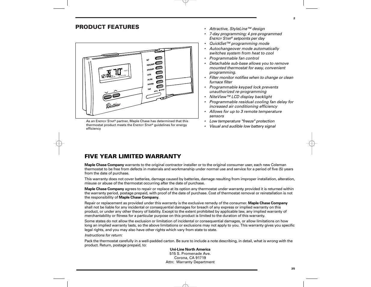 Product features, Five year limited warranty | Robertshaw 9700 User Manual | Page 35 / 36